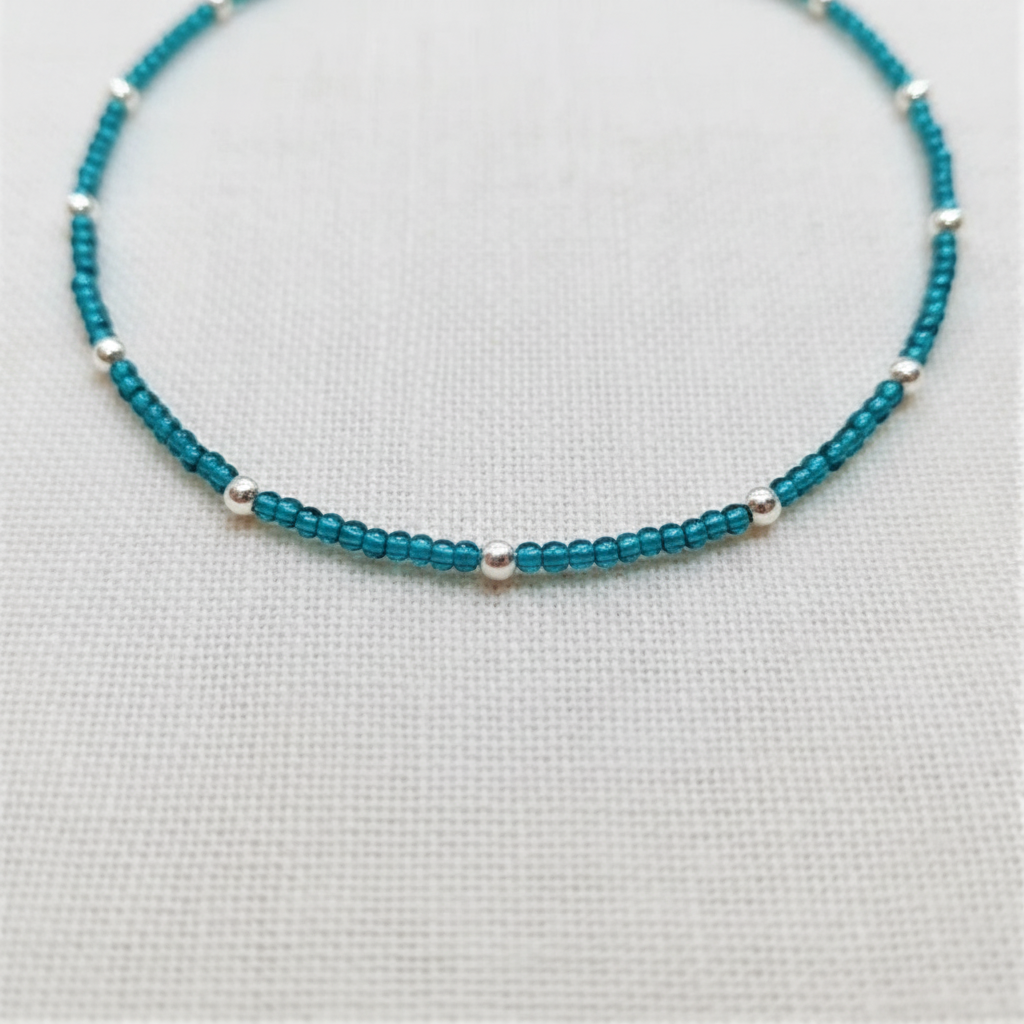 Silver Aqua Beads Anklet