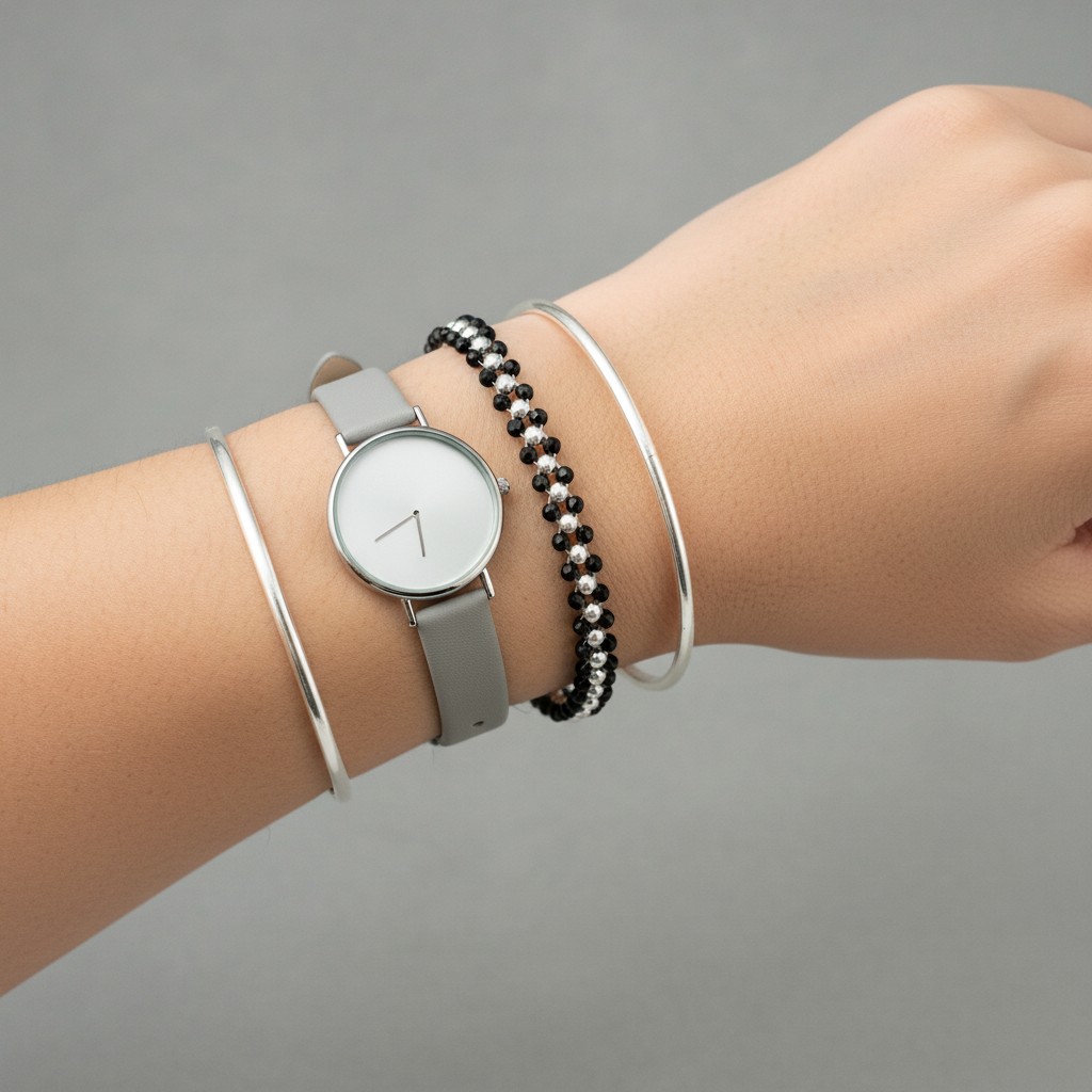 Silver Black Beads Bracelet