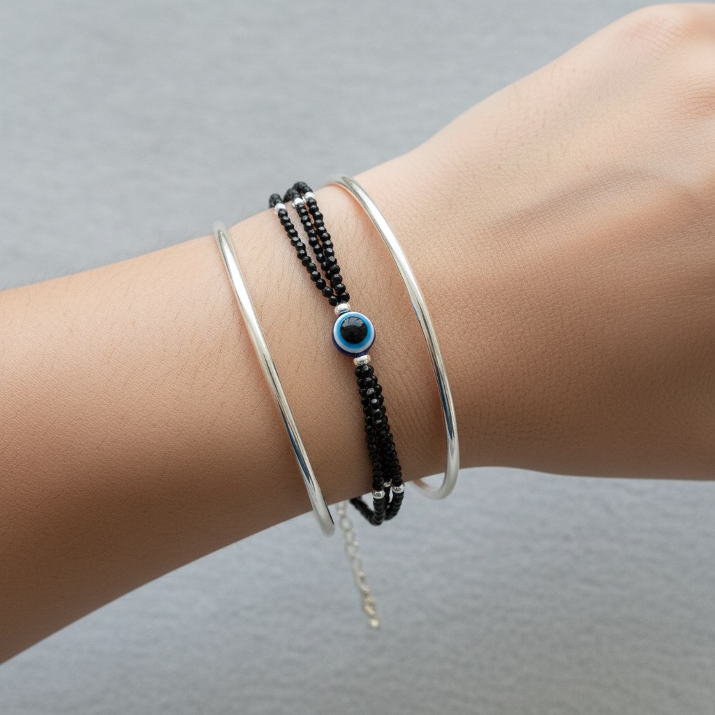 Silver Evil Eye Black Beads Nazariya Bracelet