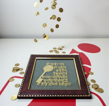 Shree Kuber Mantra & Yantra Raw Pyrite Frame | Abhimantrit Vastu & Feng Shui Decor | Attract Wealth, Prosperity, Good Luck & Success | Home Temple, Office, Gift Item