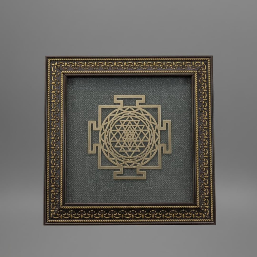 Shree Yantra on Pyrite Frame – Energized Wooden Frame for Wealth, Vastu Correction & Spiritual Growth – Sacred Wall Decor for Home, Office & Temple