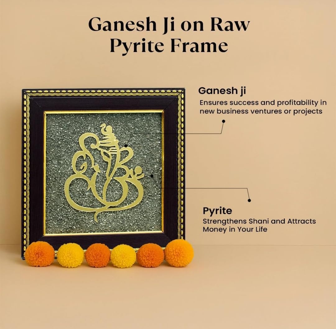 Ganesh Ji on Raw Pyrite Frame | Ganesh Idol for Home Decor with Pyrite Stone Frame | Ganesh Vastu Items for Home & Office