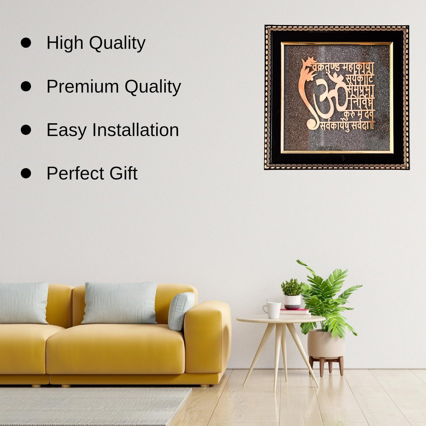 Handcrafted Pyrite Dust Plate with Wooden Frame Engraved for Attract Money, Aura Cleansing, Chakra Healing (Ganesha Mantra Engraved)