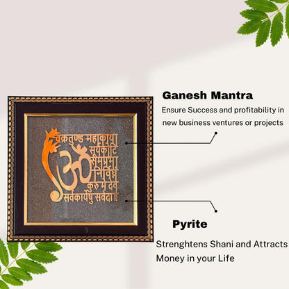 Handcrafted Pyrite Dust Plate with Wooden Frame Engraved for Attract Money, Aura Cleansing, Chakra Healing (Ganesha Mantra Engraved)