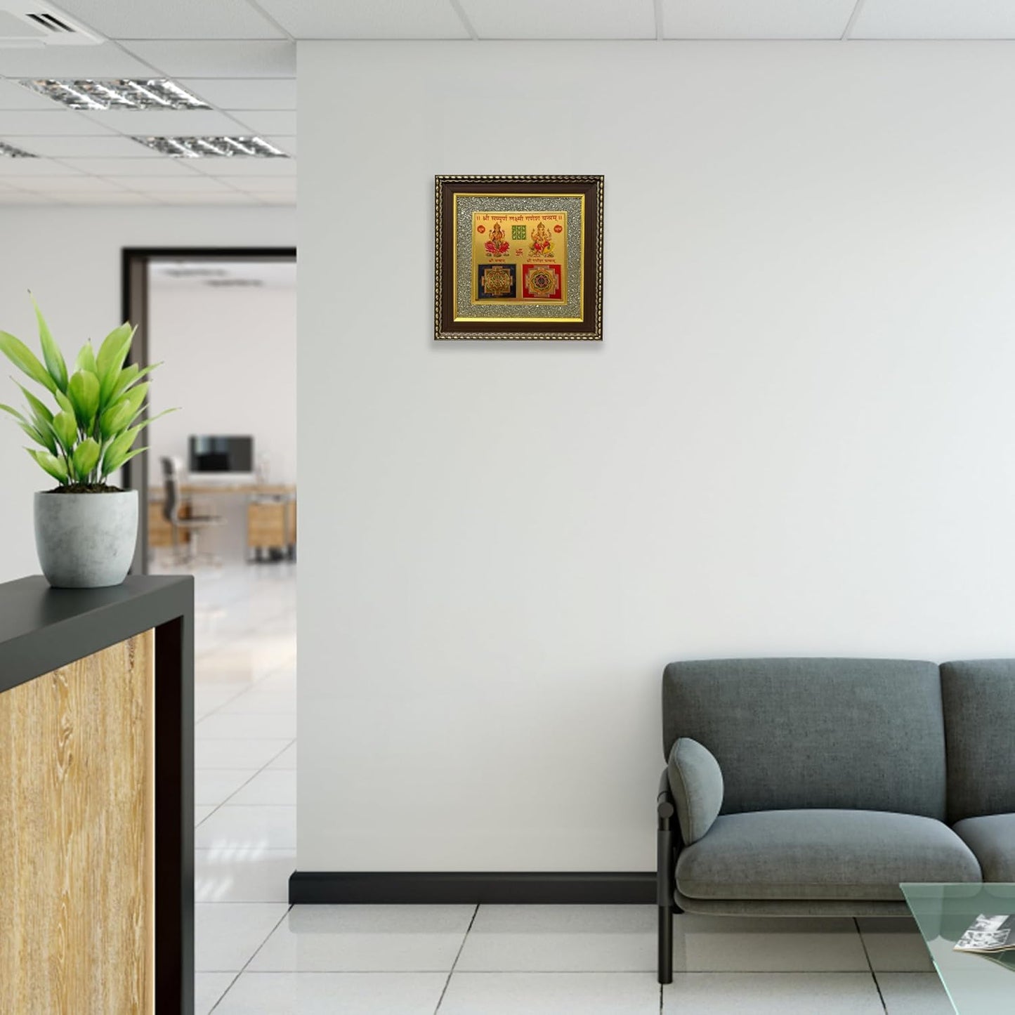 Pyrite Stone Frame with Shree Laxmi Ganesh Yantra/Vaastu Yantra Wall Décor/Wooden Photo Frame/Wall Hanging Photo Frame for Money, Wealth, Prosperity & Positive Energy