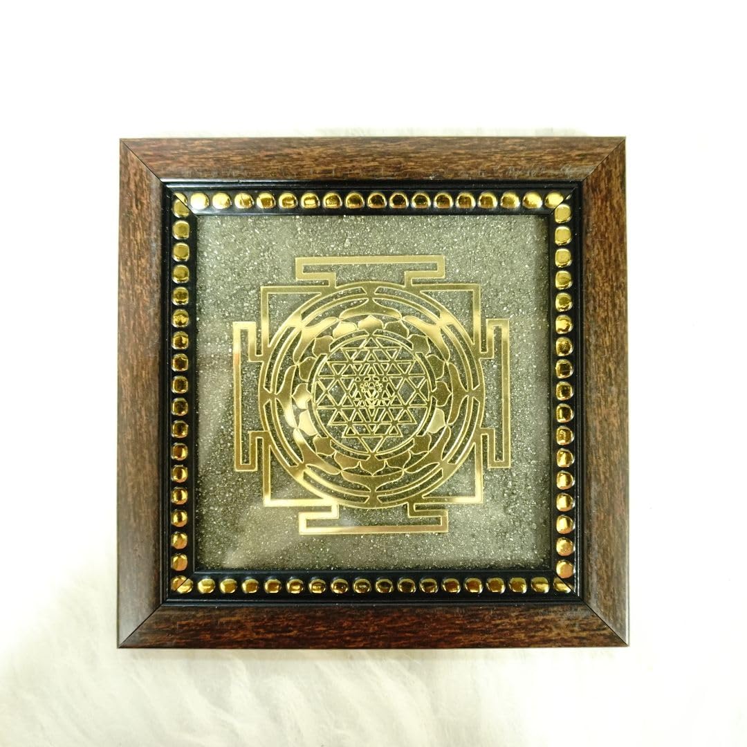 Shree Yantra on Pyrite Frame – Energized Wooden Frame for Wealth, Vastu Correction & Spiritual Growth – Sacred Wall Decor for Home, Office & Temple