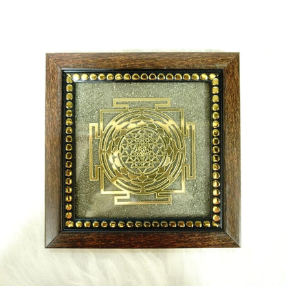 Shree Yantra on Pyrite Frame – Energized Wooden Frame for Wealth, Vastu Correction & Spiritual Growth – Sacred Wall Decor for Home, Office & Temple