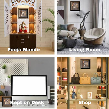 Handcrafted Pyrite Dust Plate with Wooden Frame Engraved for Attract Money, Aura Cleansing, Chakra Healing (Ganesha Mantra Engraved)