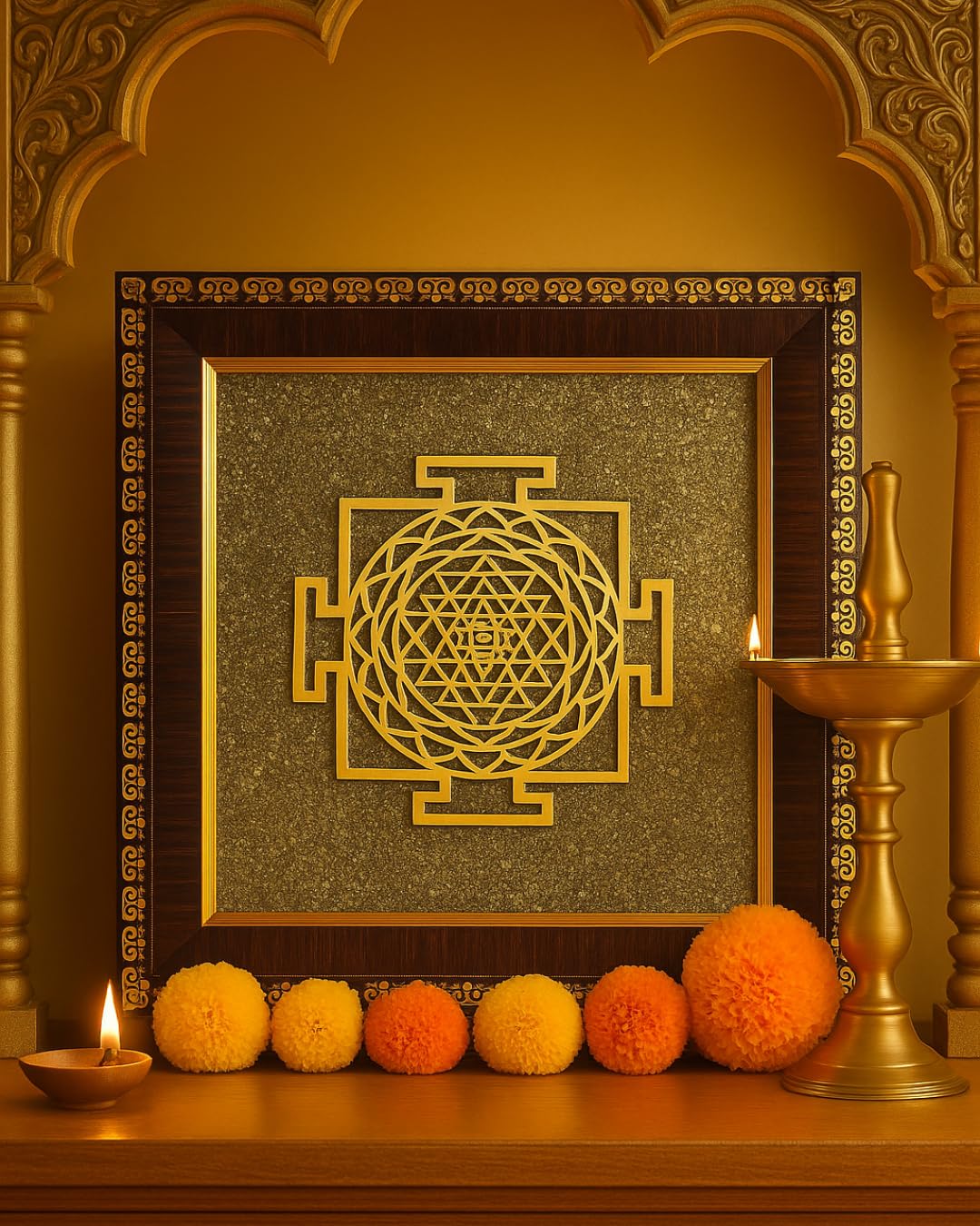 Shree Yantra on Pyrite Frame – Energized Wooden Frame for Wealth, Vastu Correction & Spiritual Growth – Sacred Wall Decor for Home, Office & Temple