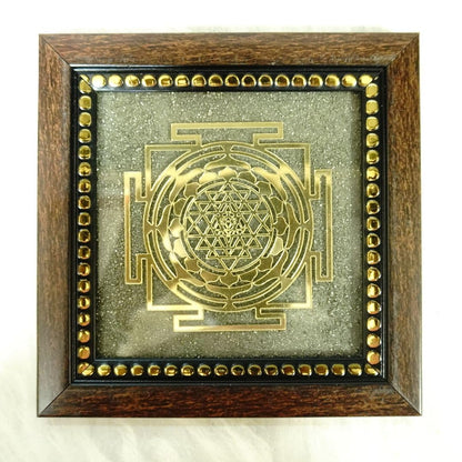 Shree Yantra on Pyrite Frame – Energized Wooden Frame for Wealth, Vastu Correction & Spiritual Growth – Sacred Wall Decor for Home, Office & Temple