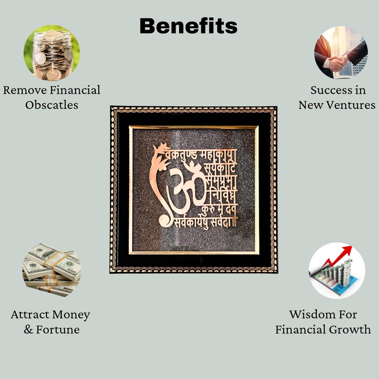 Handcrafted Pyrite Dust Plate with Wooden Frame Engraved for Attract Money, Aura Cleansing, Chakra Healing (Ganesha Mantra Engraved)