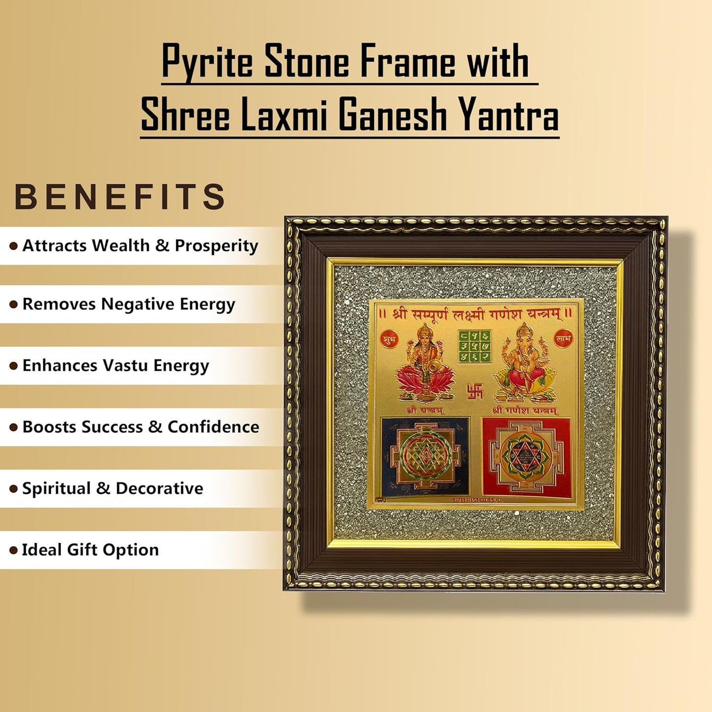 Pyrite Stone Frame with Shree Laxmi Ganesh Yantra/Vaastu Yantra Wall Décor/Wooden Photo Frame/Wall Hanging Photo Frame for Money, Wealth, Prosperity & Positive Energy