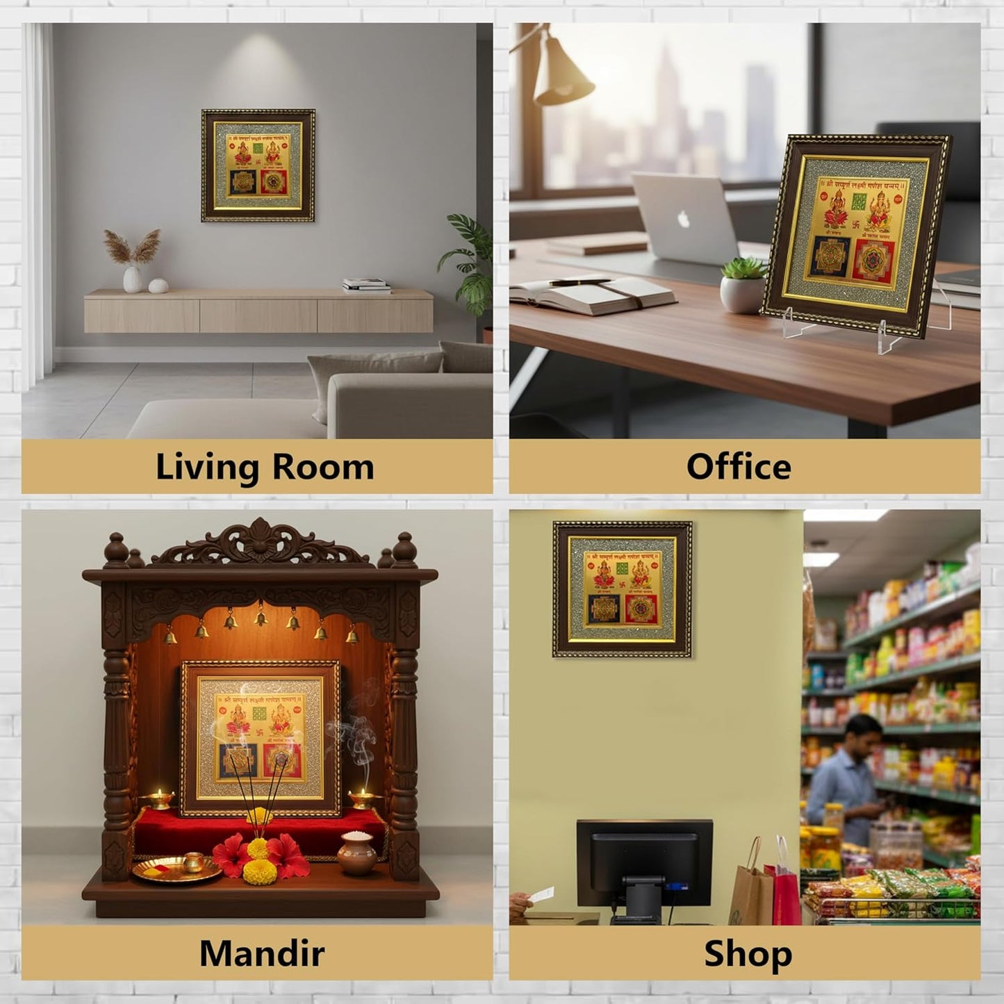 Pyrite Stone Frame with Shree Laxmi Ganesh Yantra/Vaastu Yantra Wall Décor/Wooden Photo Frame/Wall Hanging Photo Frame for Money, Wealth, Prosperity & Positive Energy