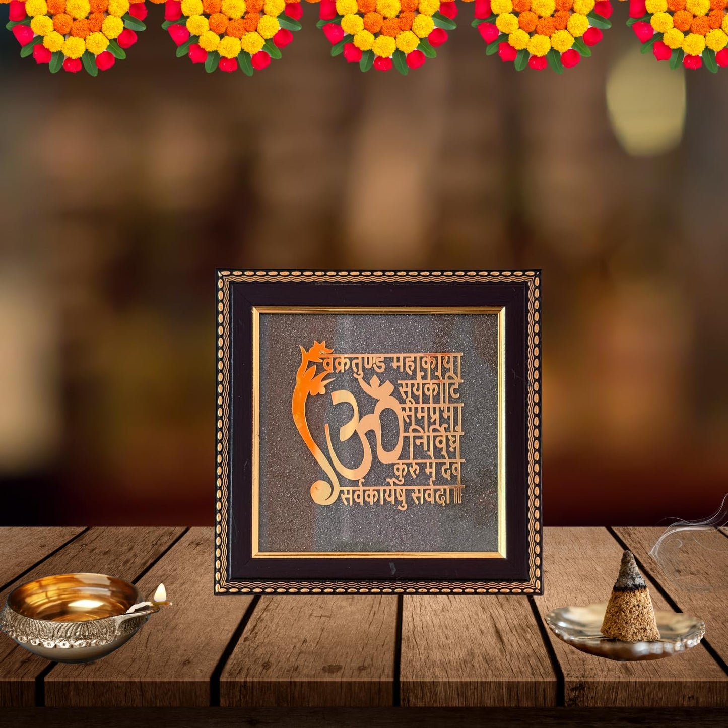 Handcrafted Pyrite Dust Plate with Wooden Frame Engraved for Attract Money, Aura Cleansing, Chakra Healing (Ganesha Mantra Engraved)