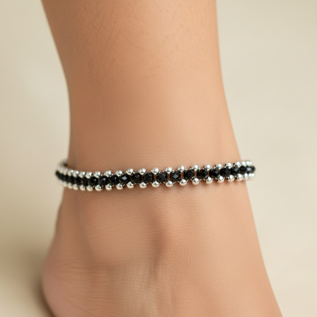Silver Black Beads Anklet