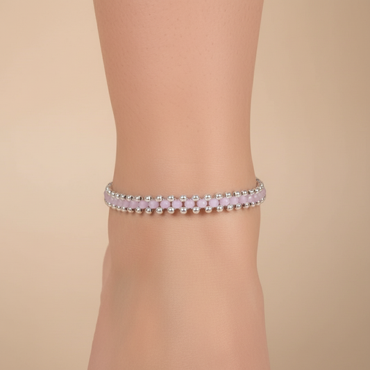Silver Pink Beads Anklet