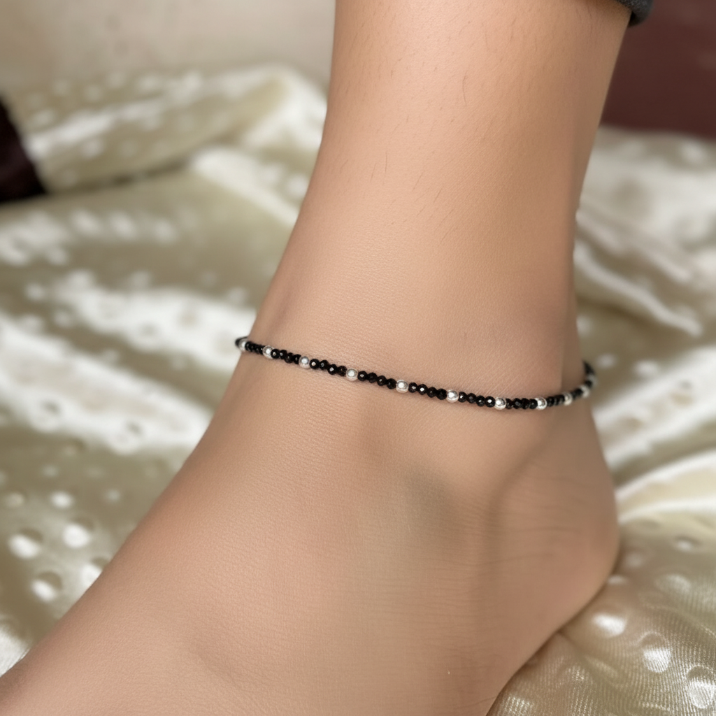 Silver Black Beads Anklet