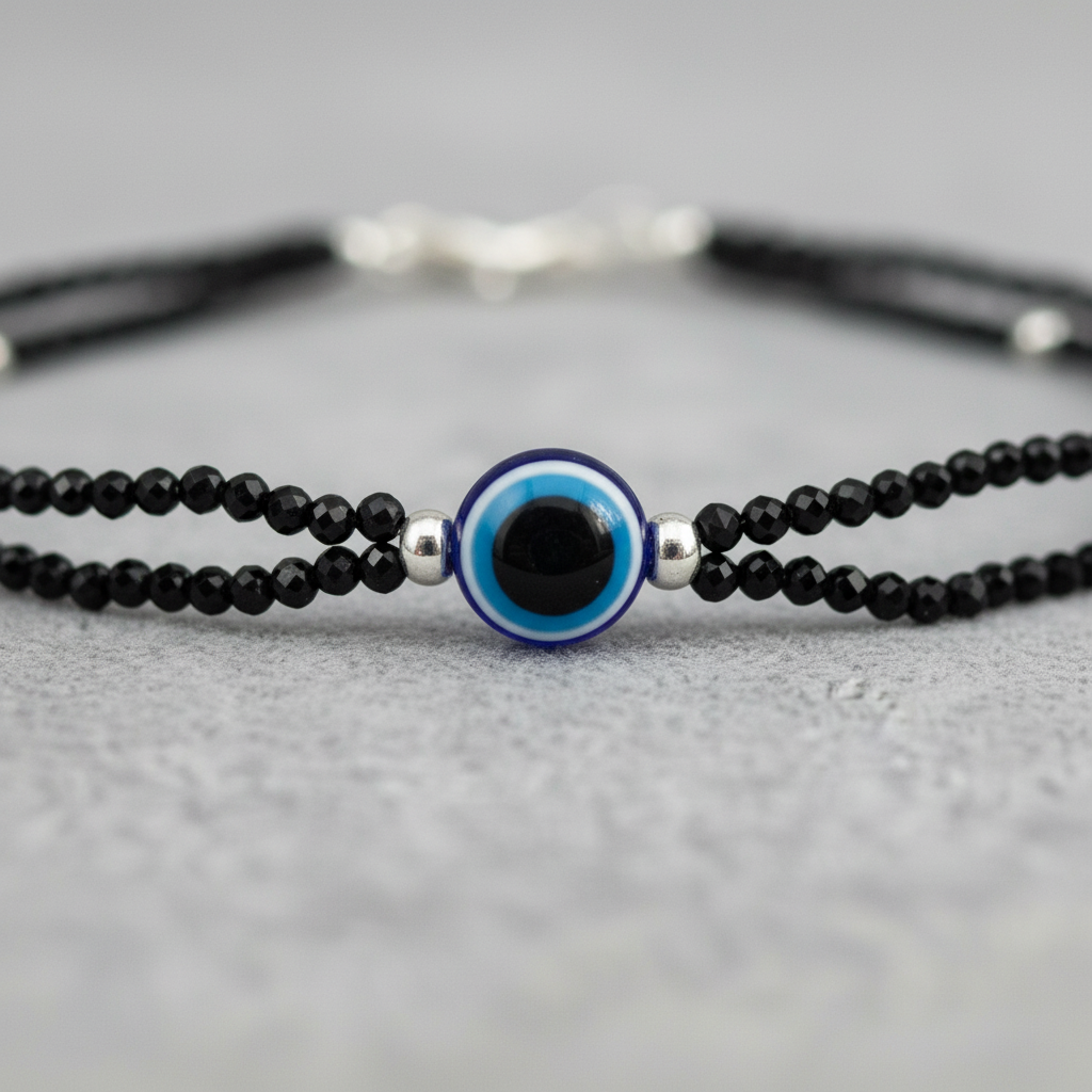 Silver Evil Eye Black Beads Nazariya Bracelet