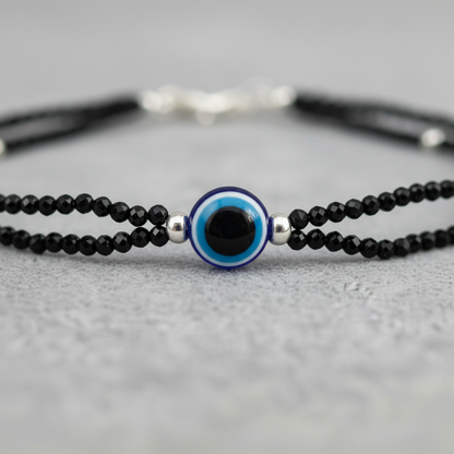 Silver Evil Eye Black Beads Nazariya Bracelet