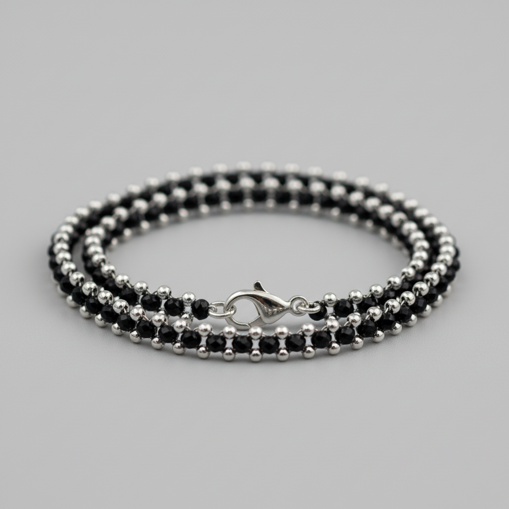 Silver Black Beads Anklet