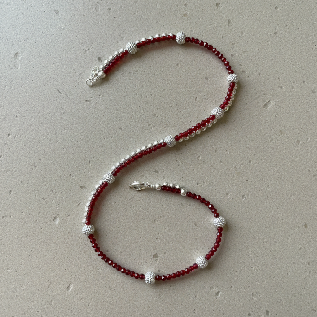 Silver Red Beads & Balls Anklet
