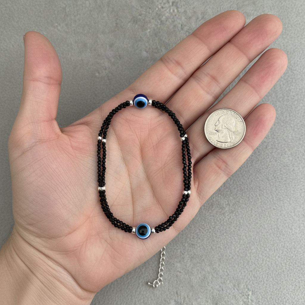 Silver Evil Eye Black Beads Nazariya Bracelet