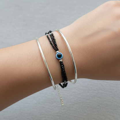 Silver Evil Eye Black Beads Nazariya Bracelet
