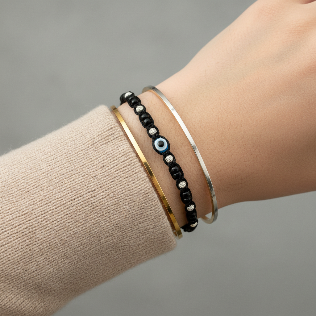 Silver Evil Eye Black Thread Nazariya Bracelet