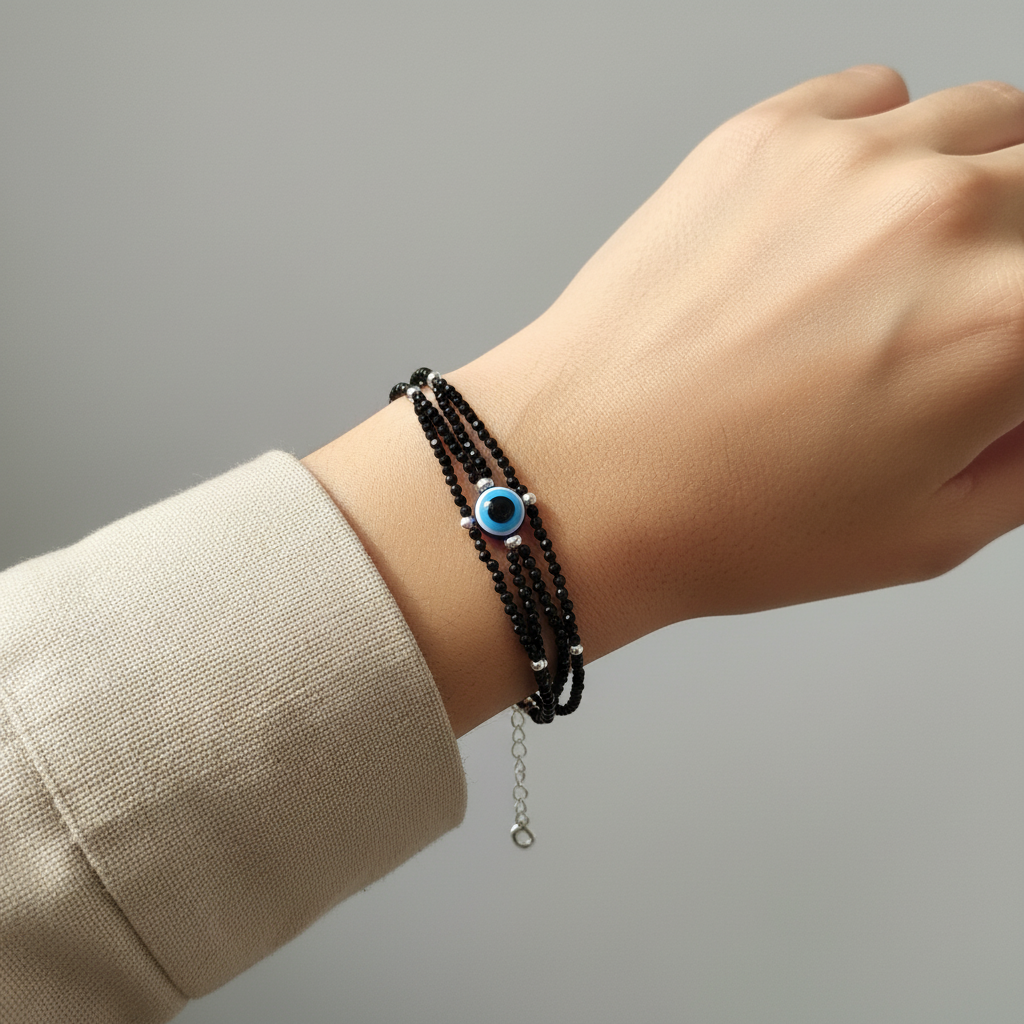 Silver Evil Eye Black Beads Nazariya Bracelet